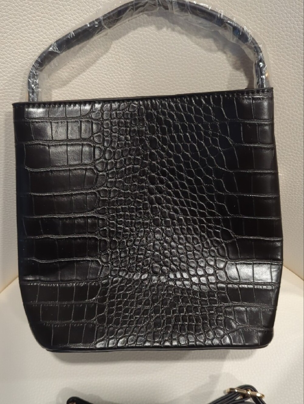 Croc-Embossed Black Crossbody Bag with Top Handle - Picture 2 of 5
